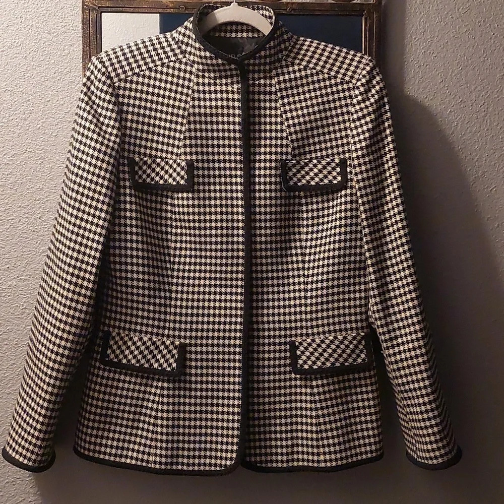 Wool Houndstooth Blazer Sport Coat Preppy M Cream Black